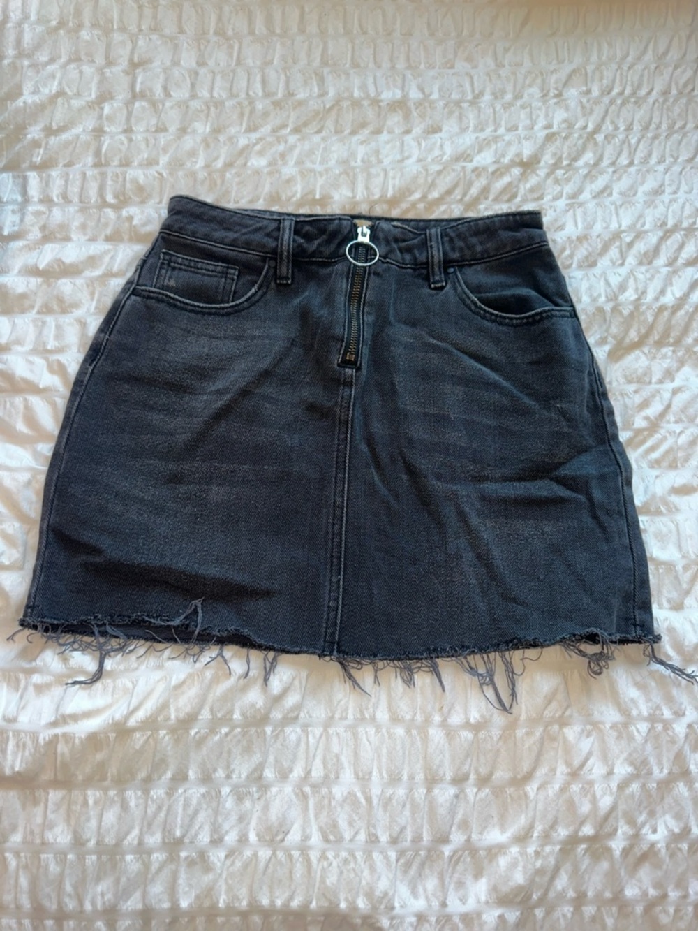 PacSun Black Distressed Denim Mini Skirt with Front Ring Zip